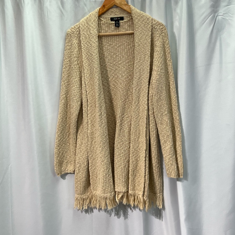Style & Co. Oatmeal Open Front Long Cardigan Sweater with Fringe - size XL